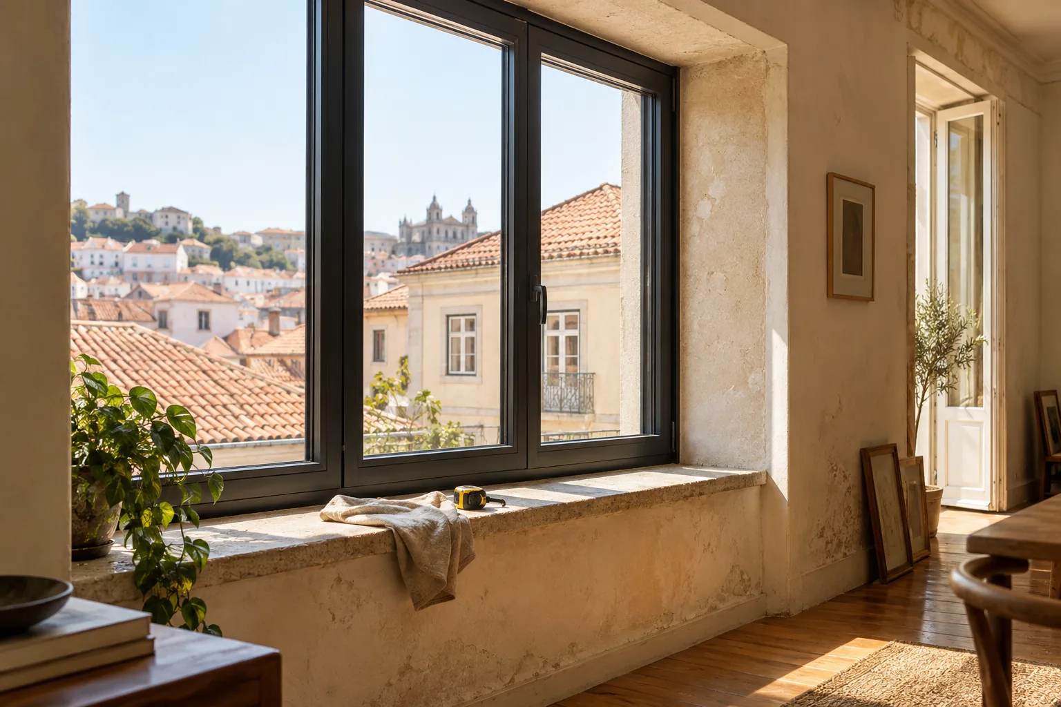 Windows and doors work overlooking city