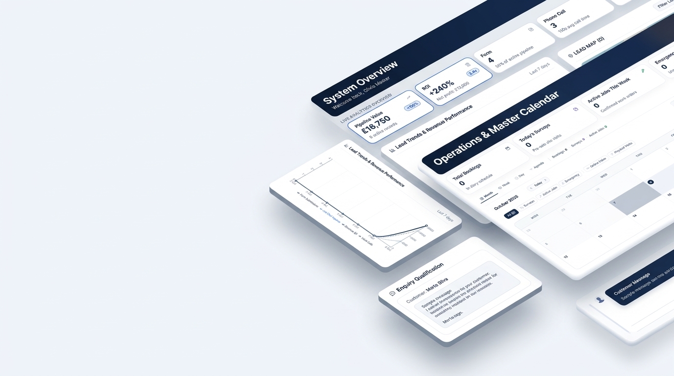 SaleSpeed AI management dashboard overview showing live pipeline revenue, engineer scheduling diary, and automated customer qualification